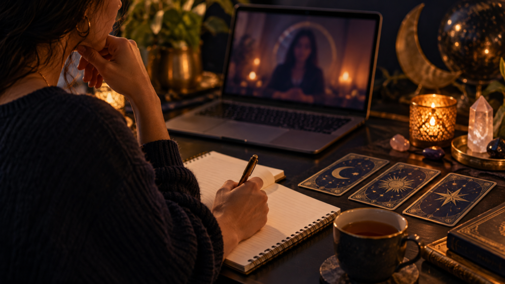 online love psychic reading setup with tarot cards and a notebook